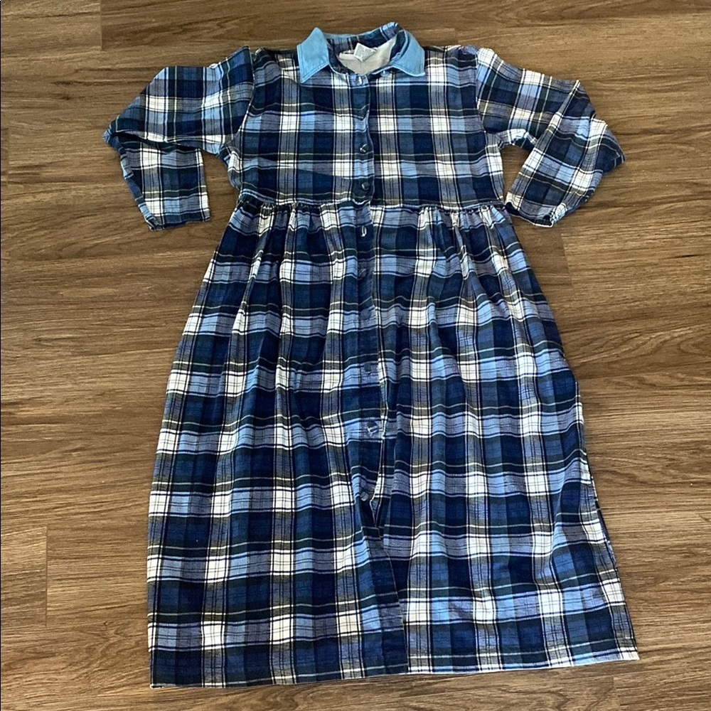 VTG 90’s cotton plaid babydoll midi button down dress. Denim collar Sz S grunge